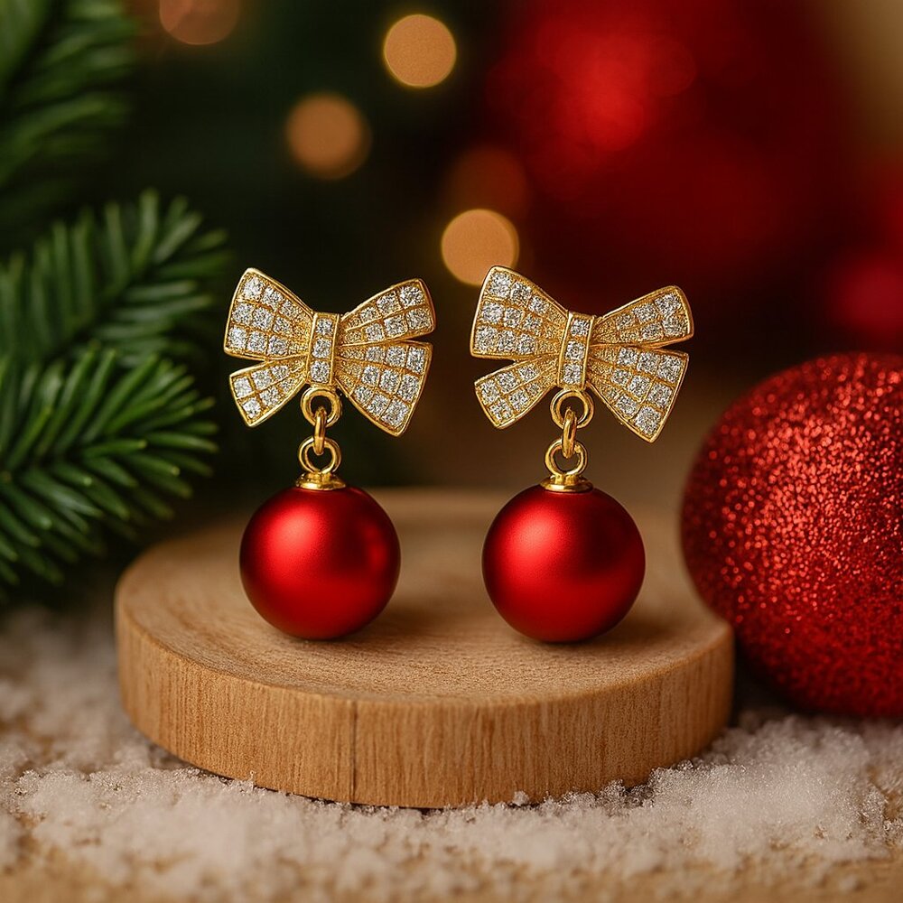 Holiday Red Ornament Bow Tie Earrings Sparkling Zircon Festive Jewelry Gift 16$